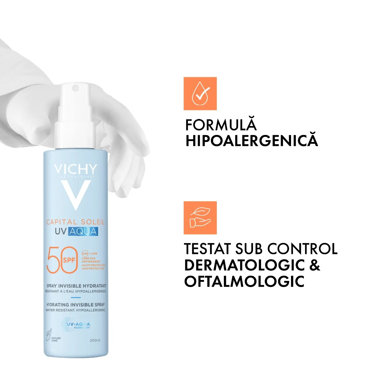 Spray hidratant pentru fata si corp SPF50 Capital Soleil UV AQUA, 200ml, Vichy