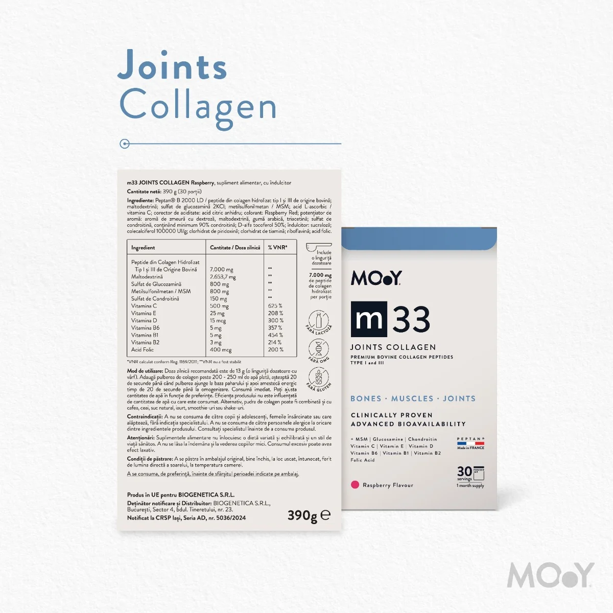 Colagen bovin pentru articulatii cu aroma de zmeura M33, 390g, Molecules of Youth 