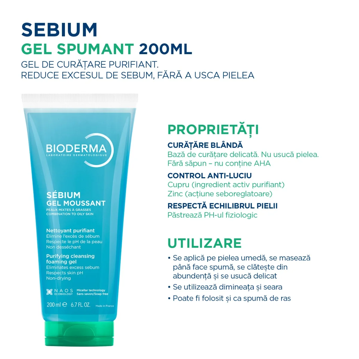 Gel curatare fata pentru ten mixt gras Sebium, 200ml, Bioderma