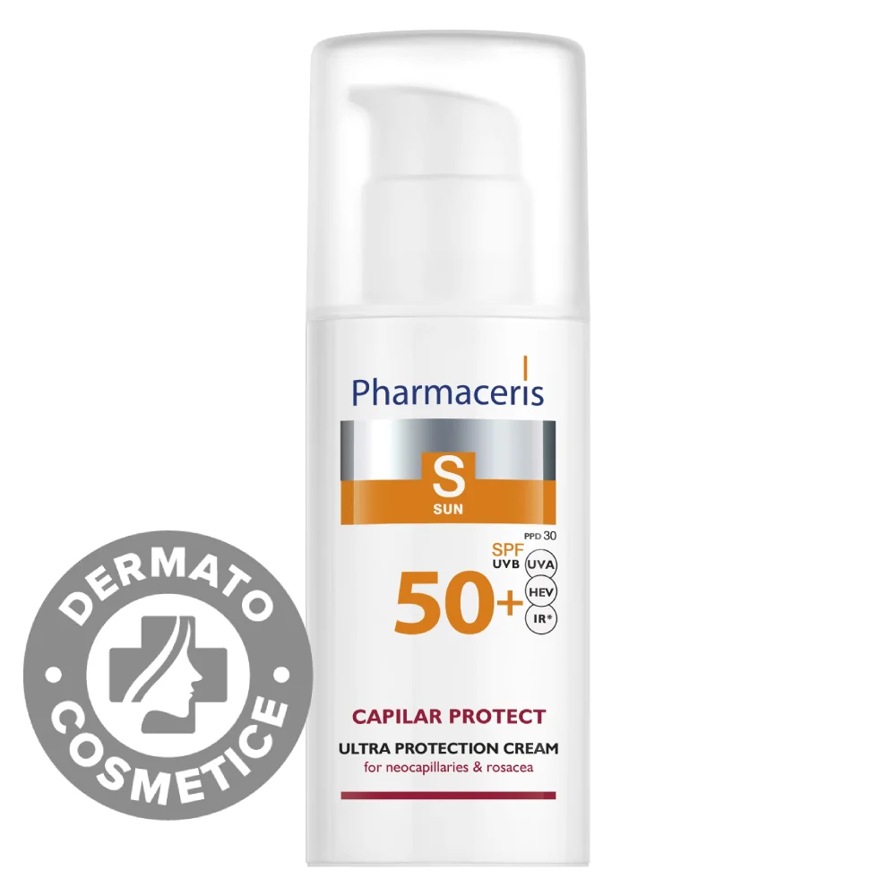 Crema de fata cu protectie solara SPF50+ pentru piele sensibila si rozacee Capilar Protect S, 50ml, Pharmaceris
