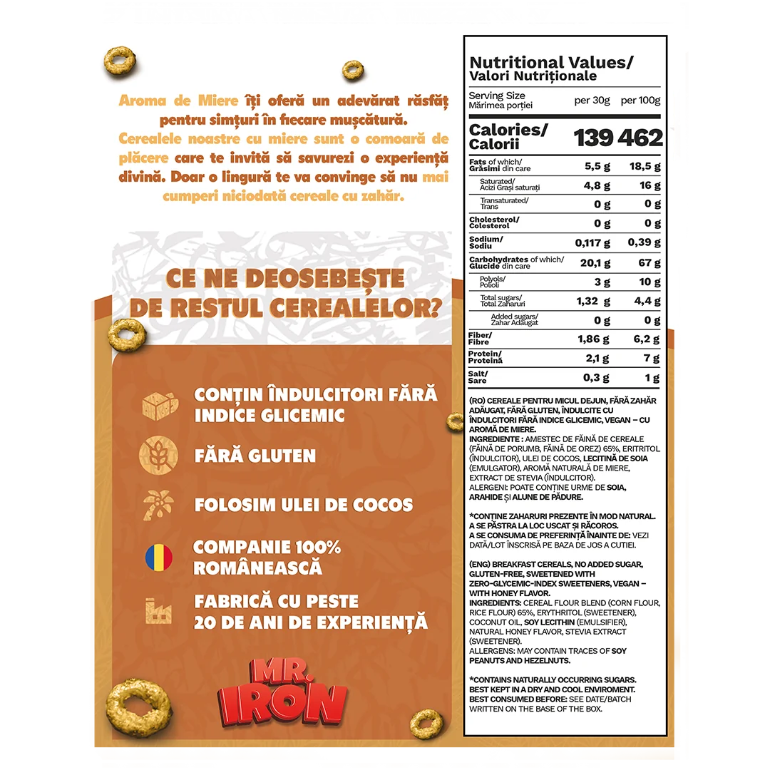Cereale din ovaz fara zahar si fara gluten Miere inghetata, 250g, Mr. Iron