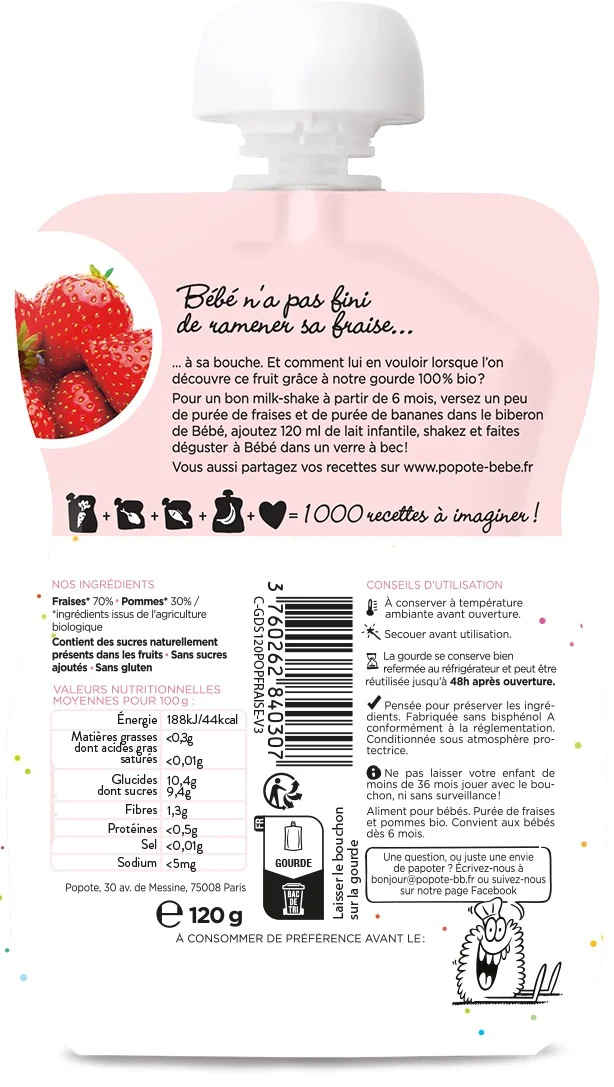 Piure cu capsuni, 4-6 luni Bio, 120g, Popote
