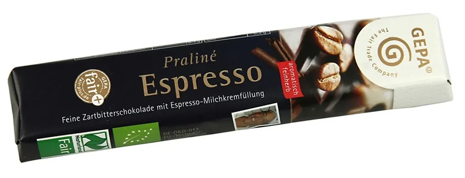 Baton bio de ciocolata amaruie umplut cu crema de lapte si cafea, 37.5g, Gepa