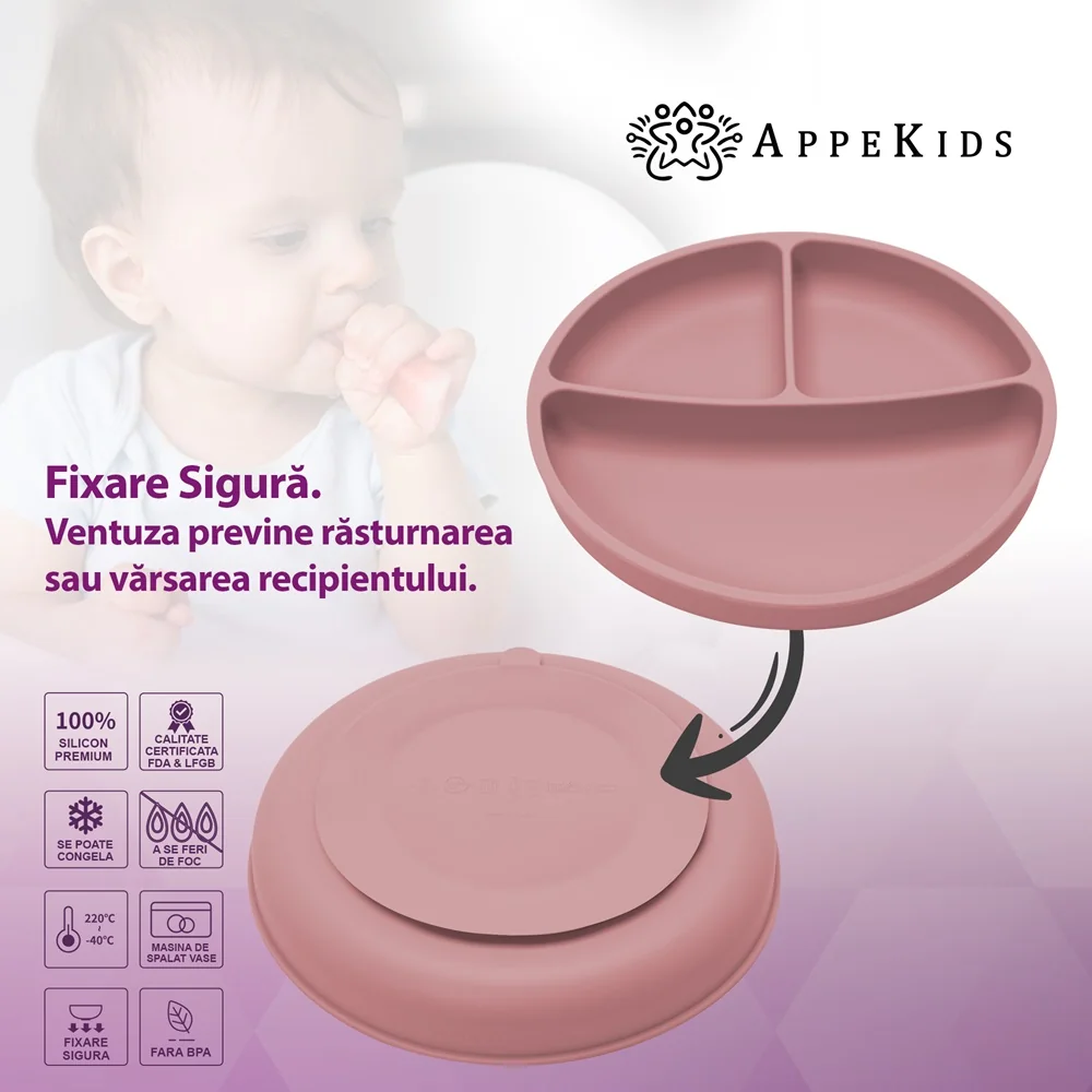 Farfurie compartimentata din silicon cu ventuza Old Rose 6 luni+, 1 bucata, Appekids