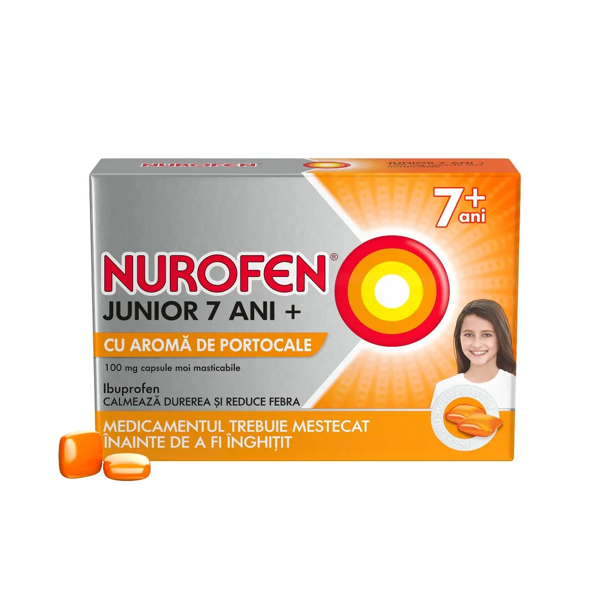 Nurofen Junior 7 ani+ 100 mg cu aroma de portocale, 24 capsule, Reckitt Benckiser