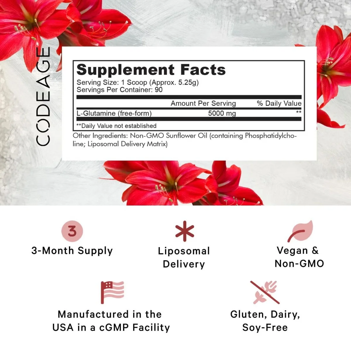 L-Glutamina Lipozomala pentru sustinerea sanatatii musculare si digestive, 472.5g, CodeAge
