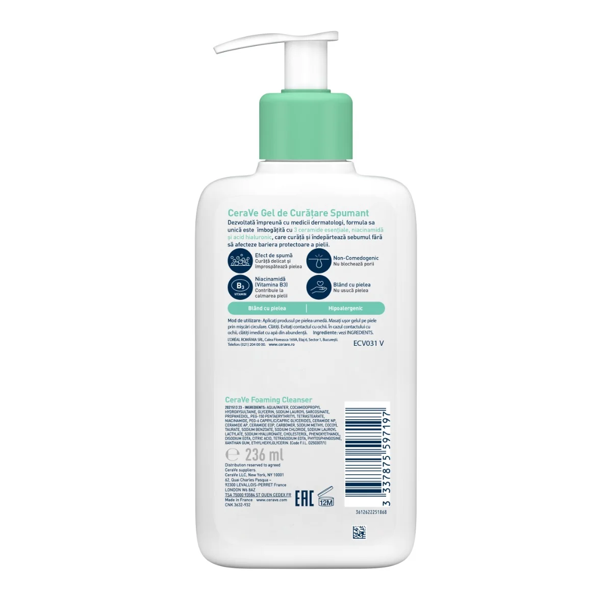 Gel de curatare spumant piele normala-grasa, 236ml, CeraVe