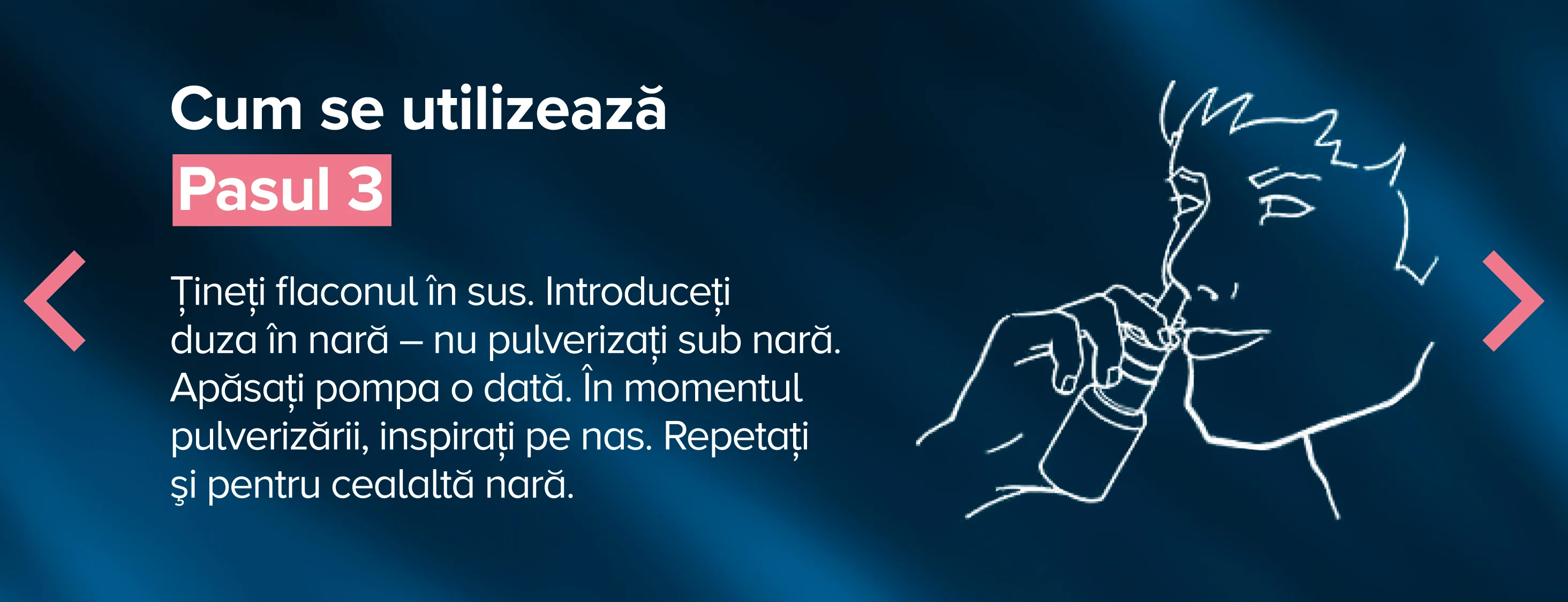 Pasul 3. Tineti flaconul in sus. Introduceti duza in nara - nu pulverizati sub nara. Apasati pompa o data. In momentul pulverizarii, inspirati pe nas. Repetati si pentru cealalta nara.