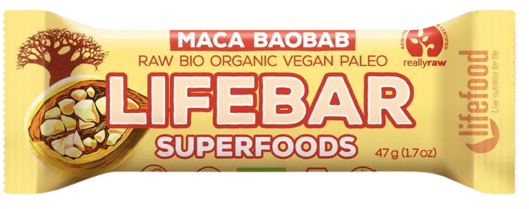 Baton cu fructe maca si baobab Lifebar Bio, 47g, Lifefood