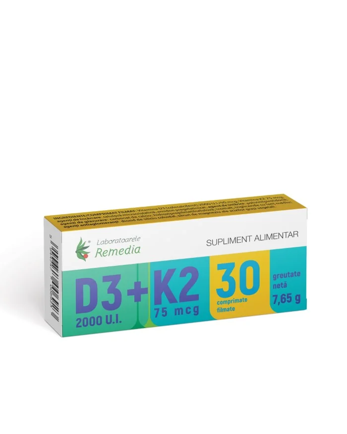 Vitamina D3 2000UI + K2 75mcg, 10 comprimate filmate, Laboratoarele Remedia