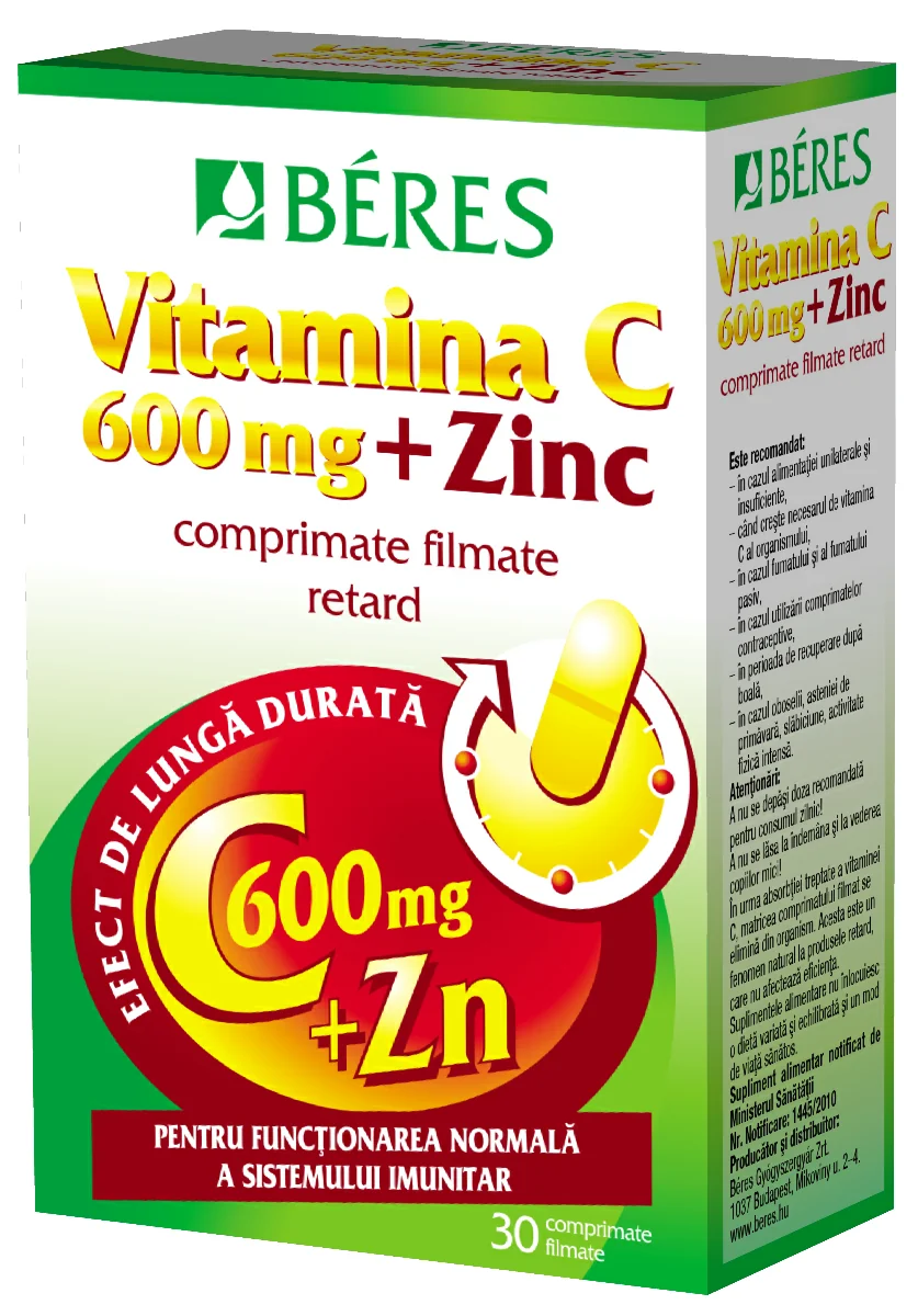 Vitamina C 600mg + Zinc, 30 comprimate, Beres