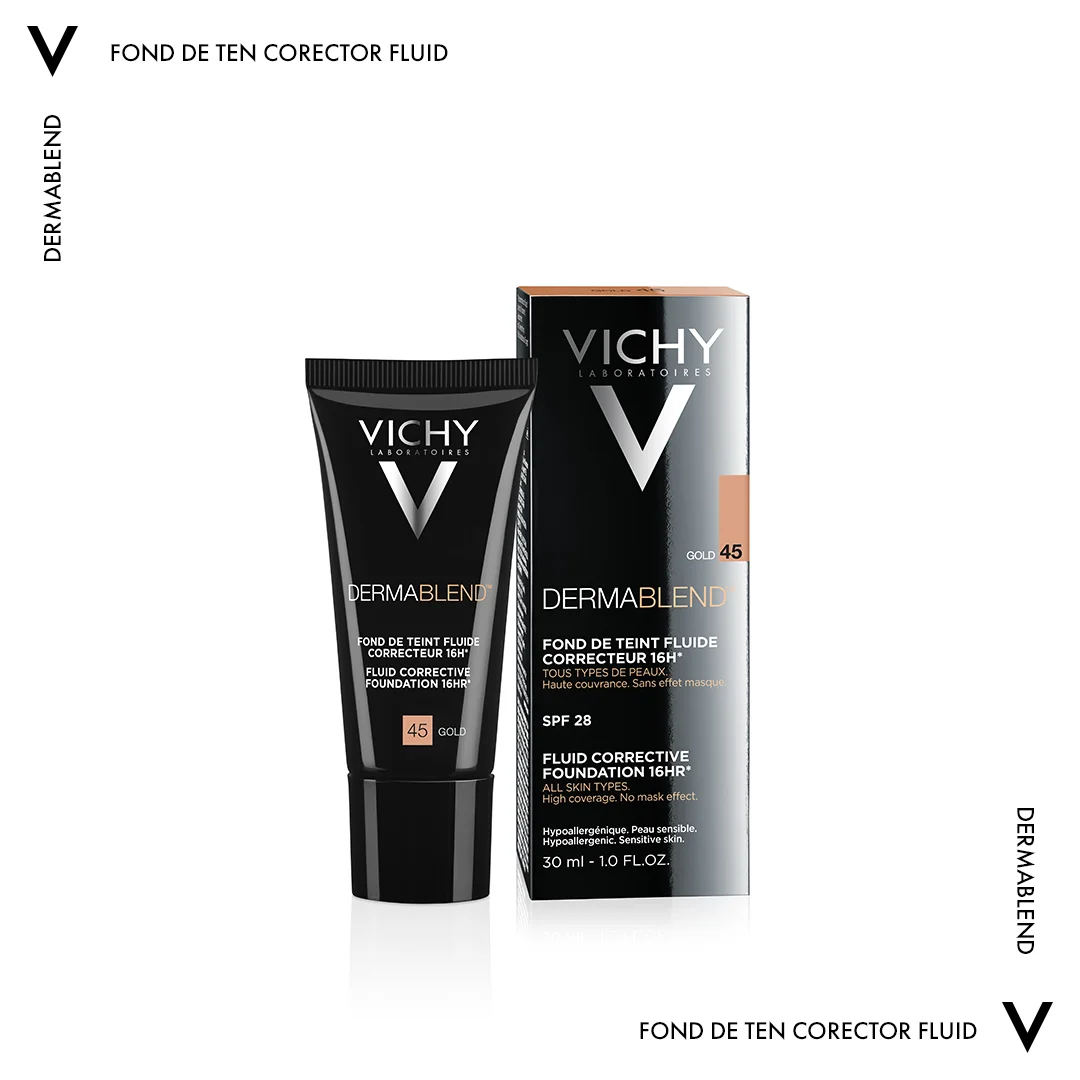 Fond de ten corector fluid rezistenta 16h SPF28 ten normal sau uscat Dermablend 45, 30ml, Vichy