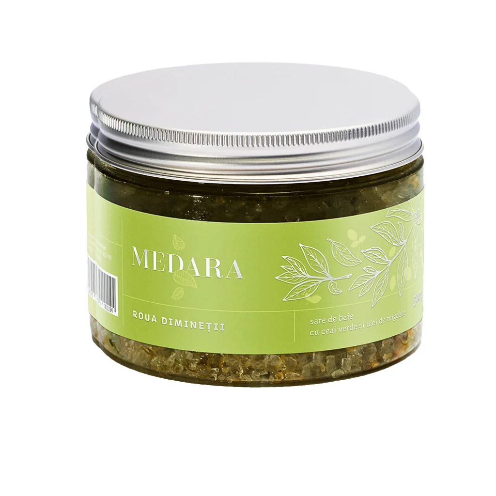 Sare de baie cu ceai verde si ulei de migdale Roua Diminetii, 500g, Medara 