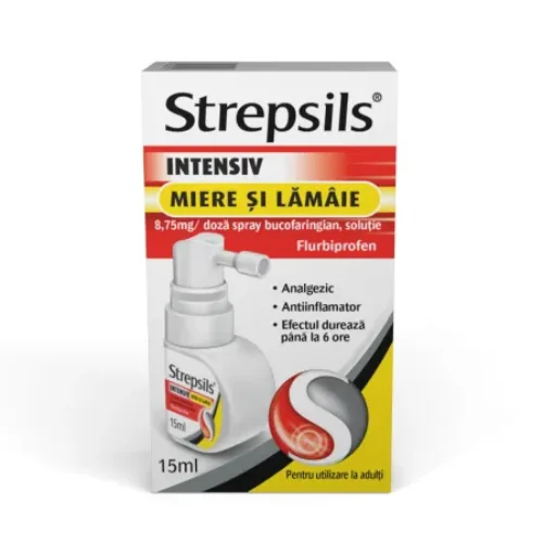 Strepsils Intensiv spray bucofaringian cu aroma de miere si lamaie, 15ml, Reckitt Benckiser