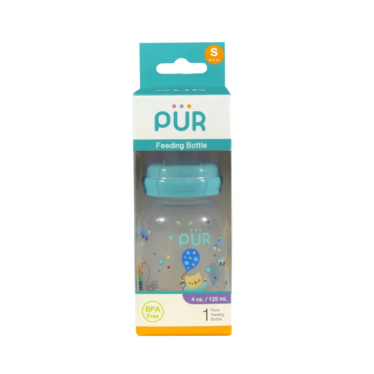 Biberon cu desen verde 0-3 luni, 125ml, PUR