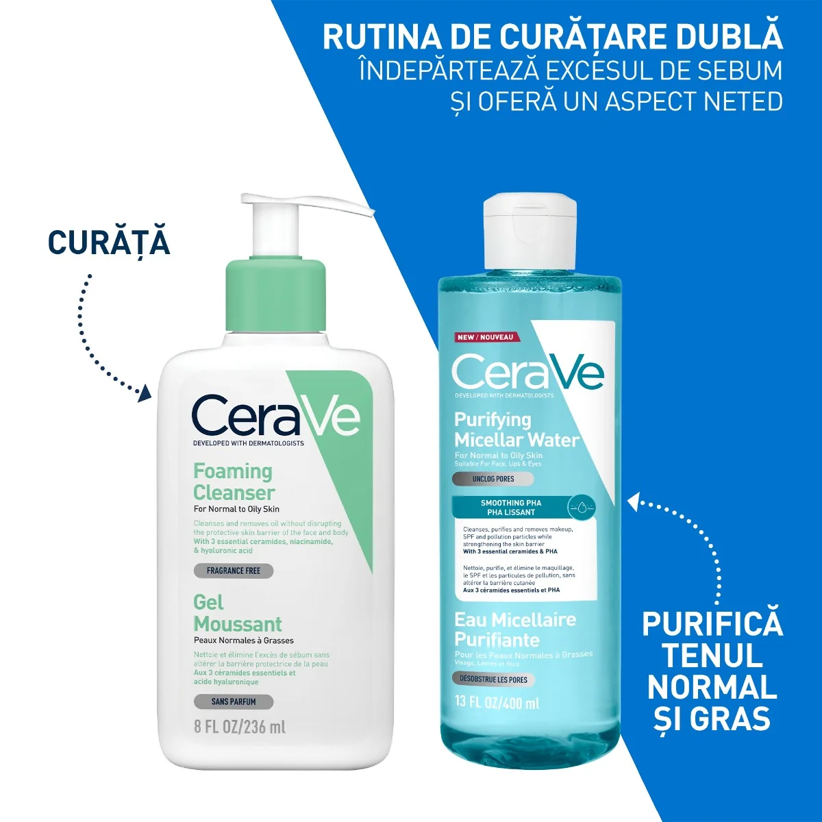Apa micelara purifianta pentru ten normal si gras, 400ml, CeraVe