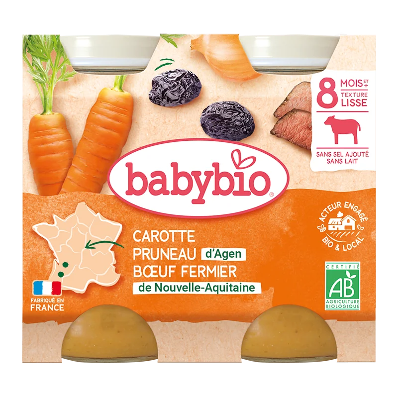 Piure din carne de vacuta, morcovi si prune uscate Bio +8 luni, 2 x 200g, BabyBio