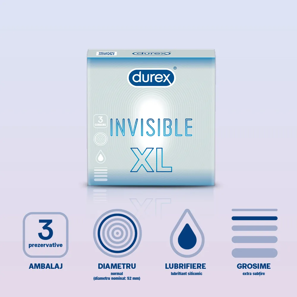 Prezervative Invisible XL, 3 bucati, Durex 