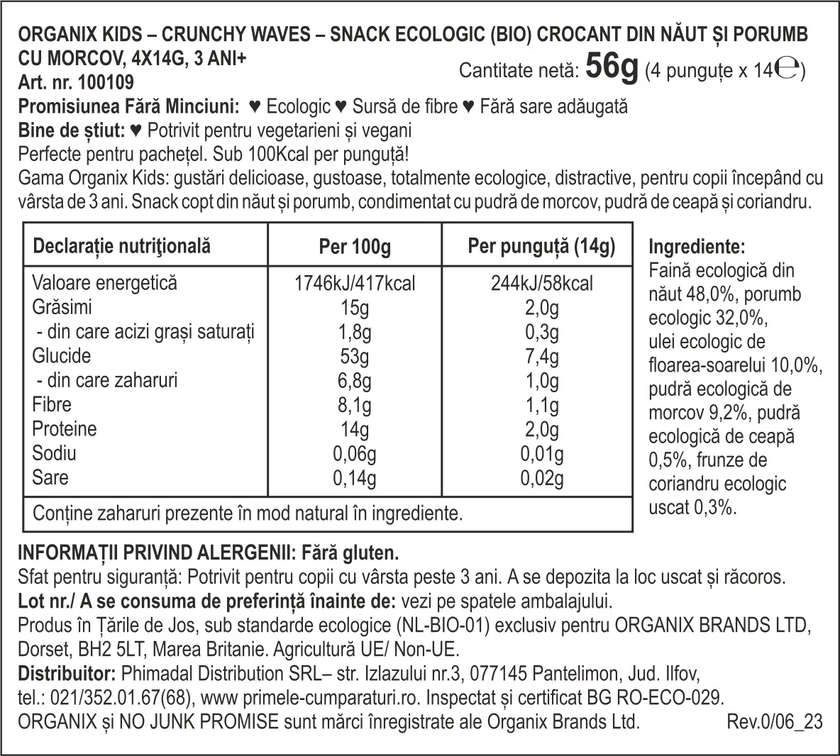 Snack eco crocant din naut si porumb cu morcov pentru +3 ani, 4x14g, Organix 