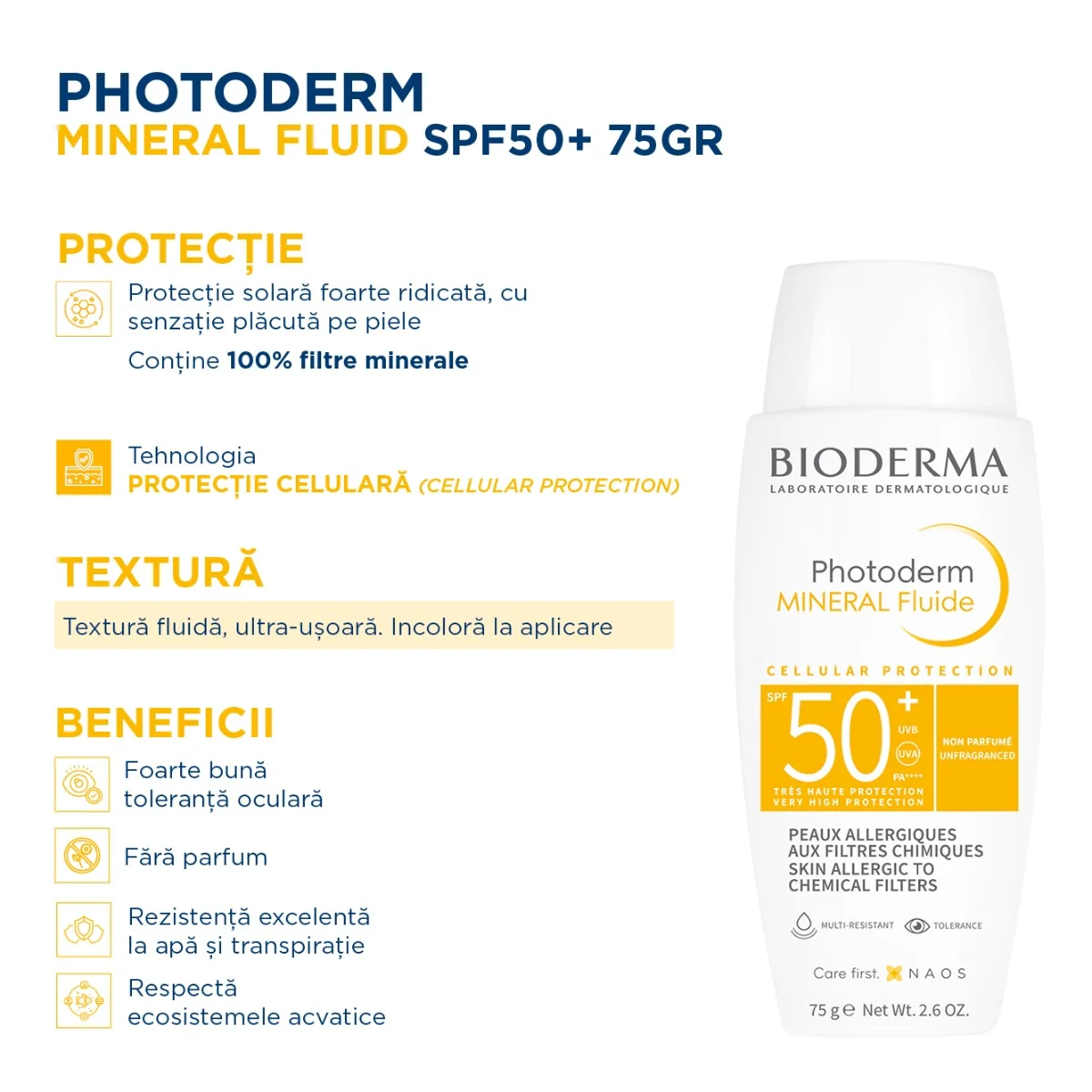 Protectie solara pentru pielea alergica la filtre chimice Photoderm Mineral Fluide, 75g, Bioderma