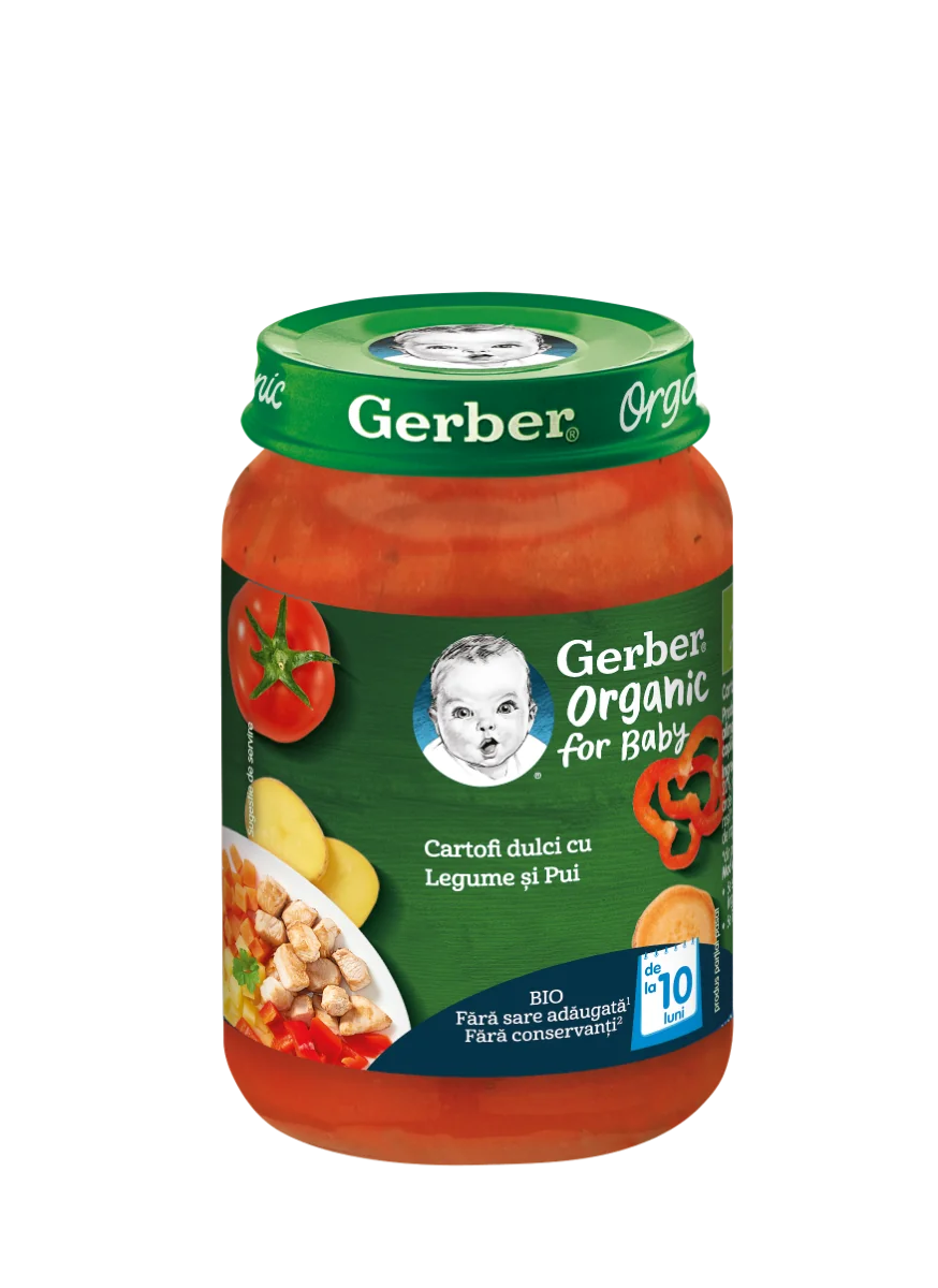 Piure Bio din cartofi dulci cu pui si legume de la 10 luni, 190g, Gerber