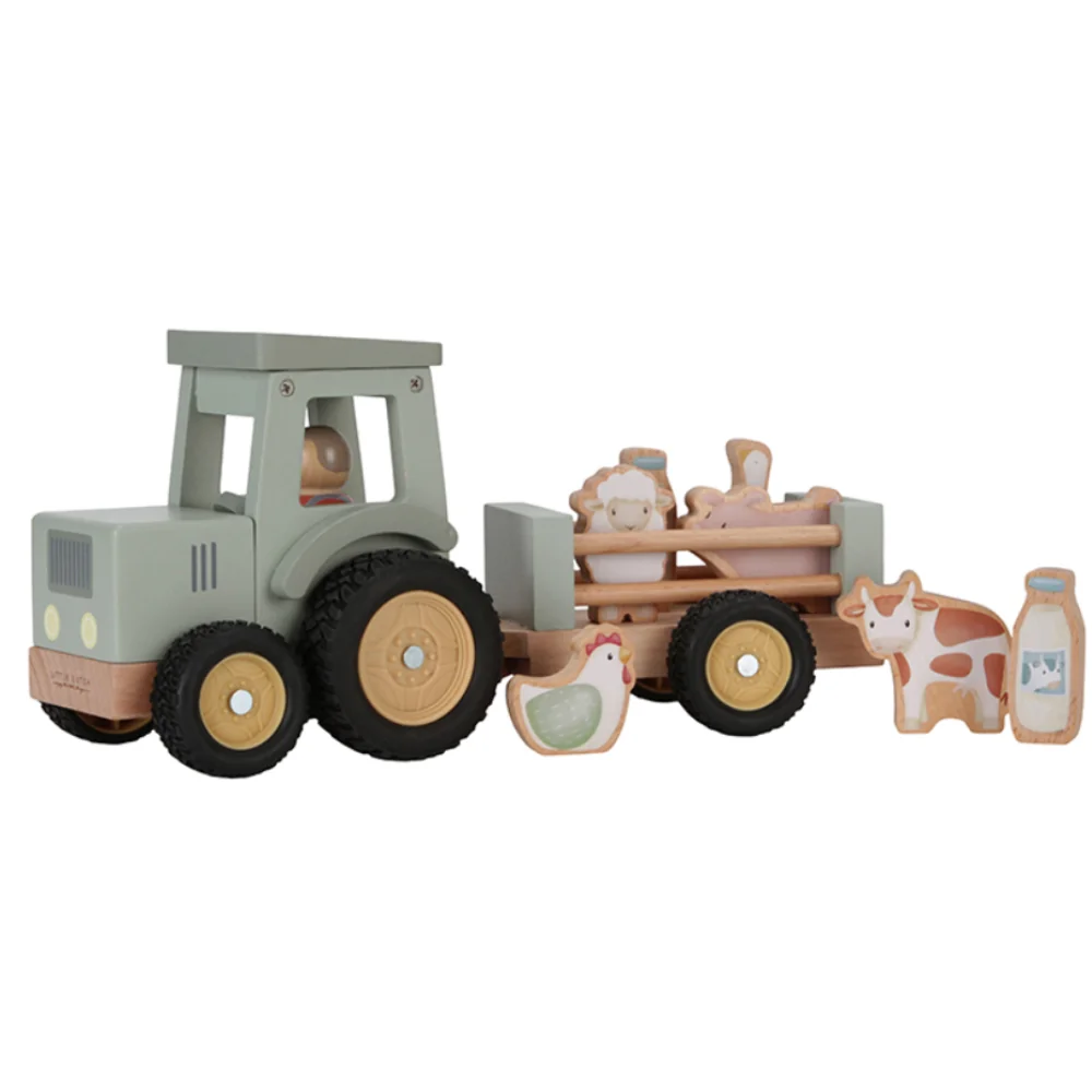 Tractor din lemn FSC cu remorca Little Farm, 1 bucata, Little Dutch