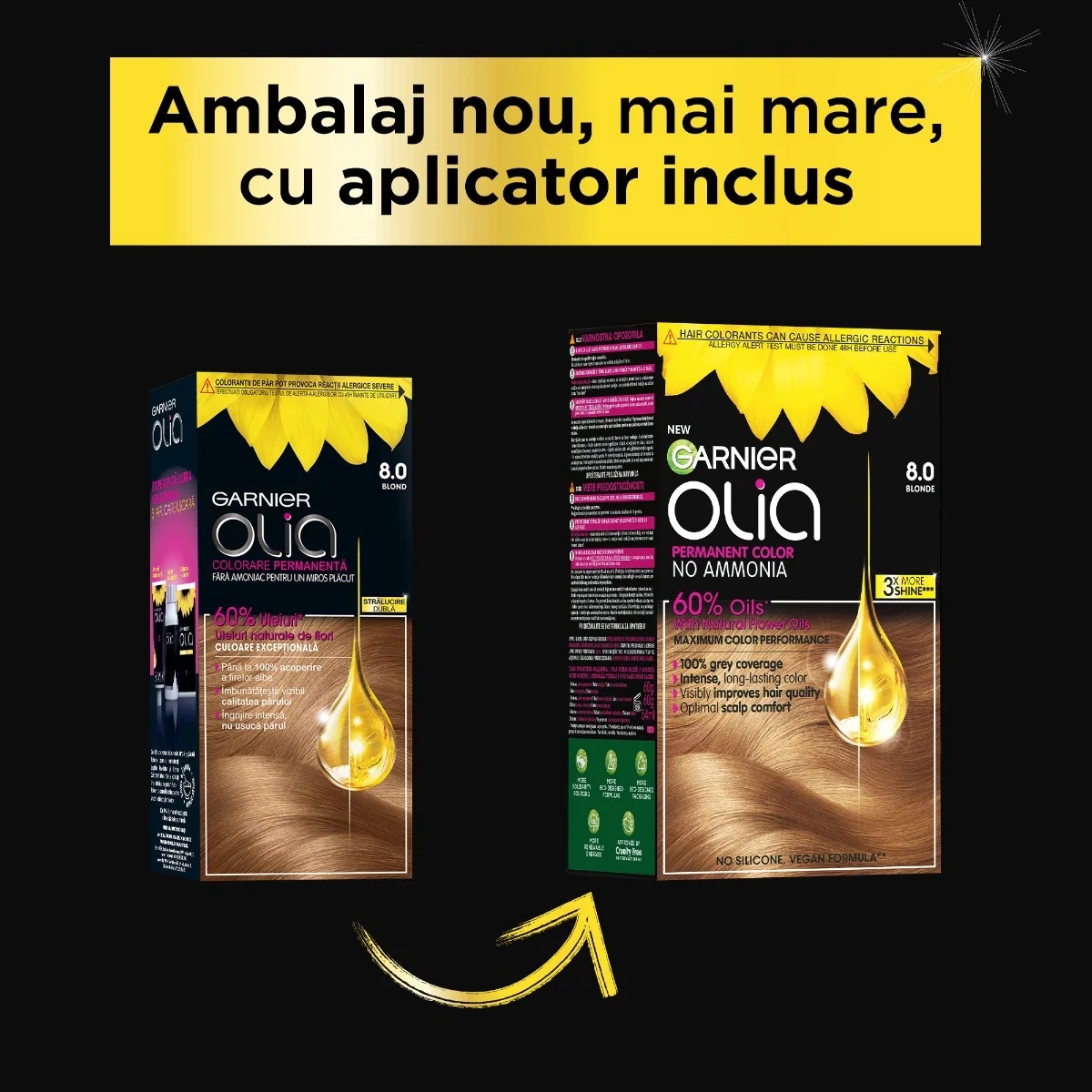 Vopsea de par permanenta fara amoniac 8.0 Blonde Olia, 174ml, Garnier