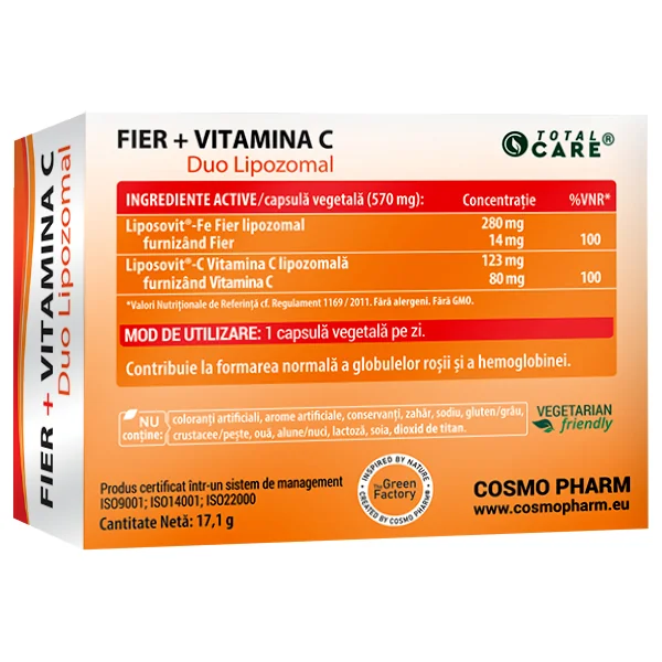 Fier + Vitamina C Duo Lipozomal, 30 capsule, Cosmopharm