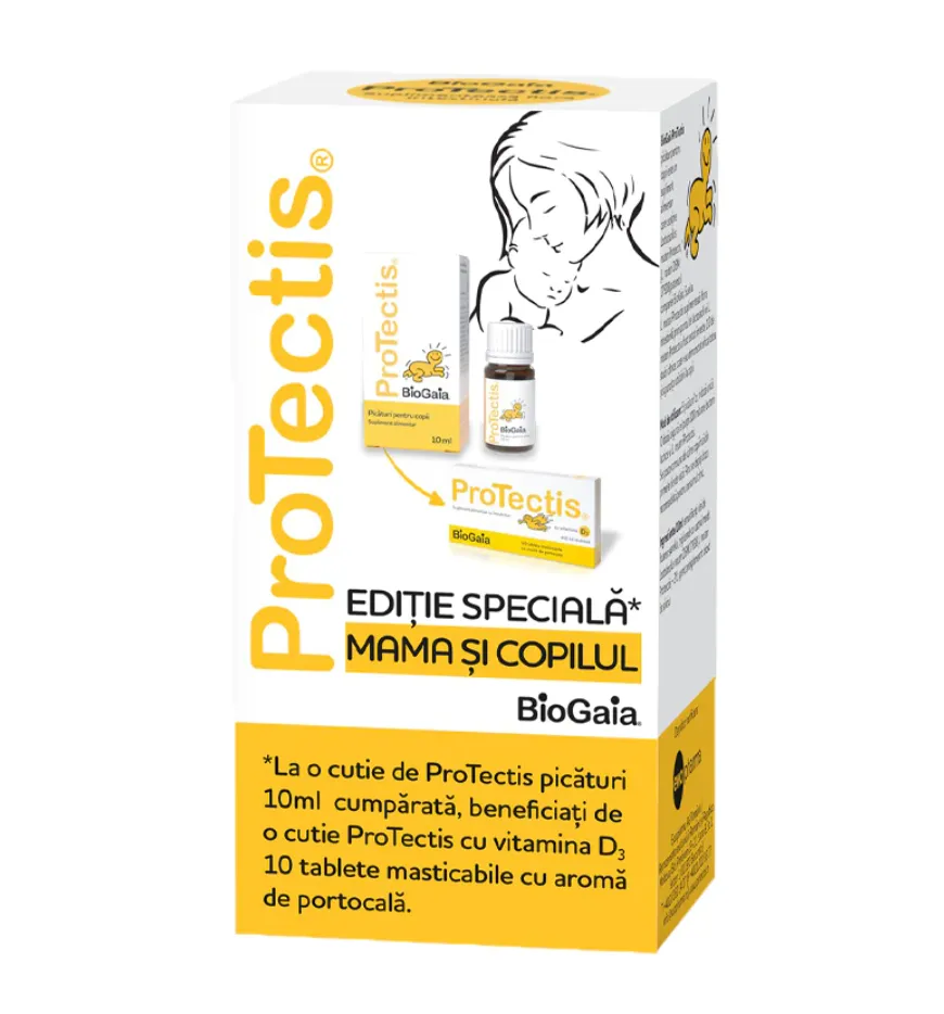 Pachet Protectis picaturi 10ml + Protectis cu vitamina D3 10 tablete masticabile Gratuit, BioGaia