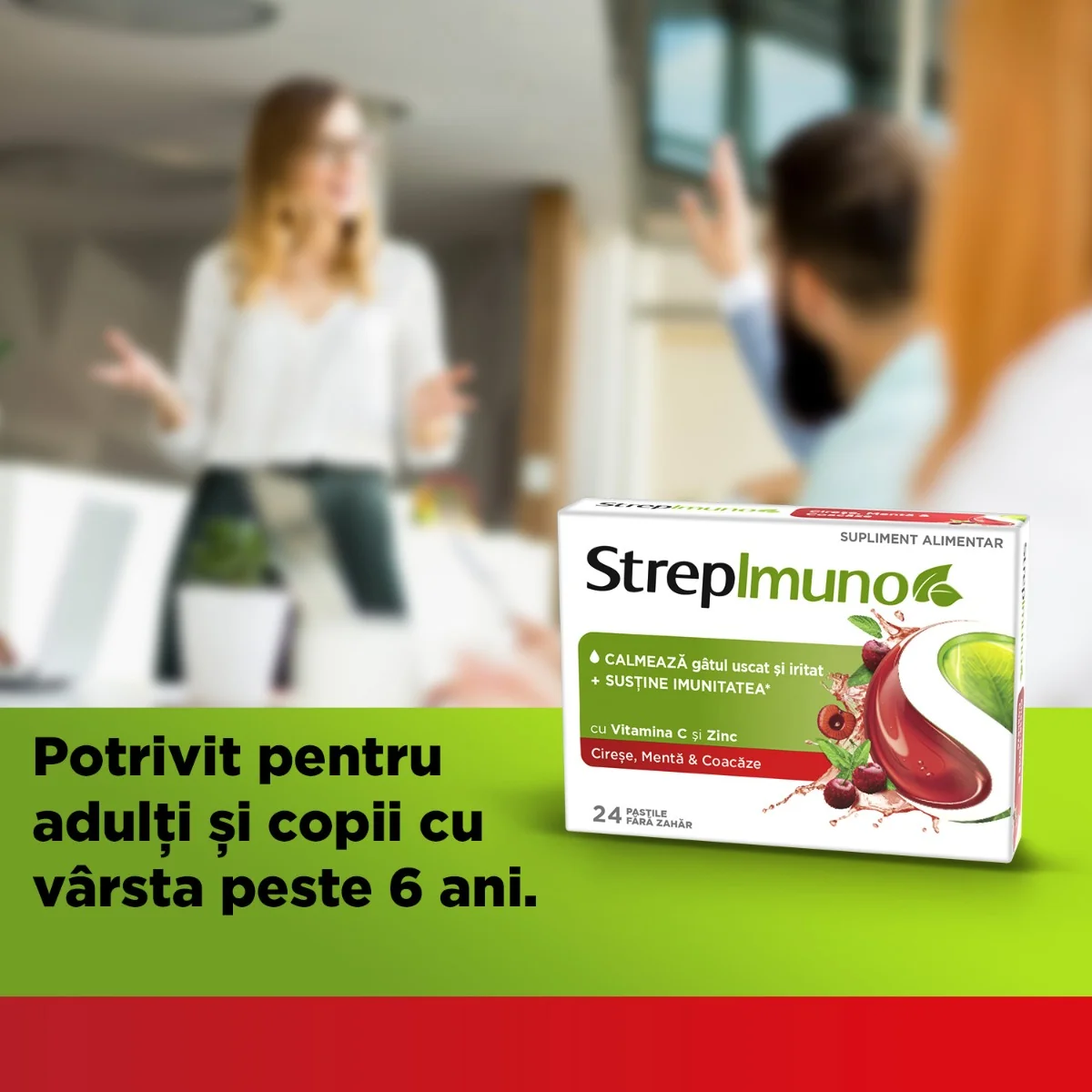 Strepimuno supliment alimentar cu cirese si menta fara zahar, 24 comprimate de supt, Reckitt Benckiser