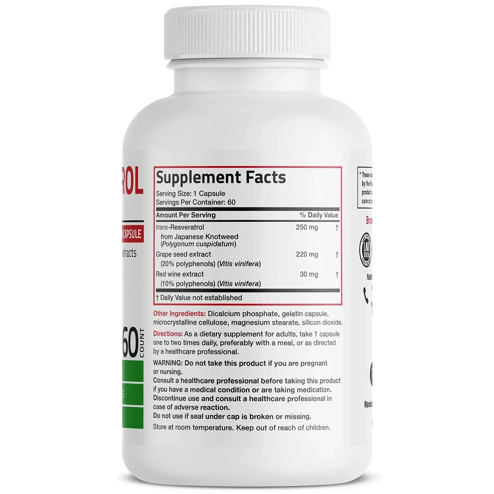Resveratrol 500mg Complex Trans-Resveratrol 250mg, 60 capsule, Bronson Laboratories