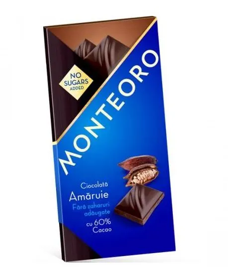 Ciocolata amaruie fara zahar, 90 g, Monteoro