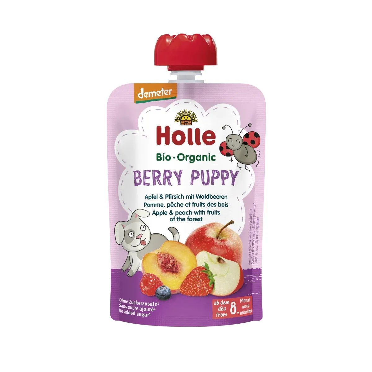 Piure bio de mere, piersici si fructe de padure Berry Puppy, 100g, Holle Baby Food