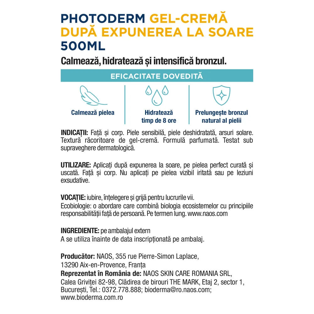 Gel-crema dupa expunerea la soare pentru piele sensibila Photoderm Apre-Soleil, 500ml, Bioderma