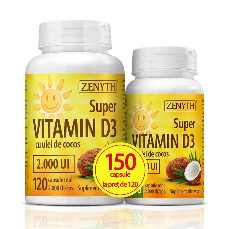 Set Super Vitamina D3 cu ulei de cocos, 120 + 30 capsule, Zenyth