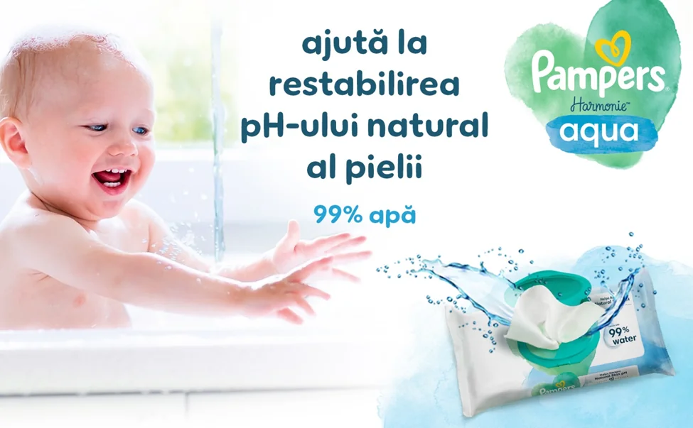 Servetele umede Pampers Harmonie Aqua cu 99% apa, care ajuta la mentinerea pH-ului natural al pielii bebelusului. Servetele umede Pampers Harmonie Aqua cu 99% apa, care ajuta la mentinerea pH-ului natural al pielii bebelusului.