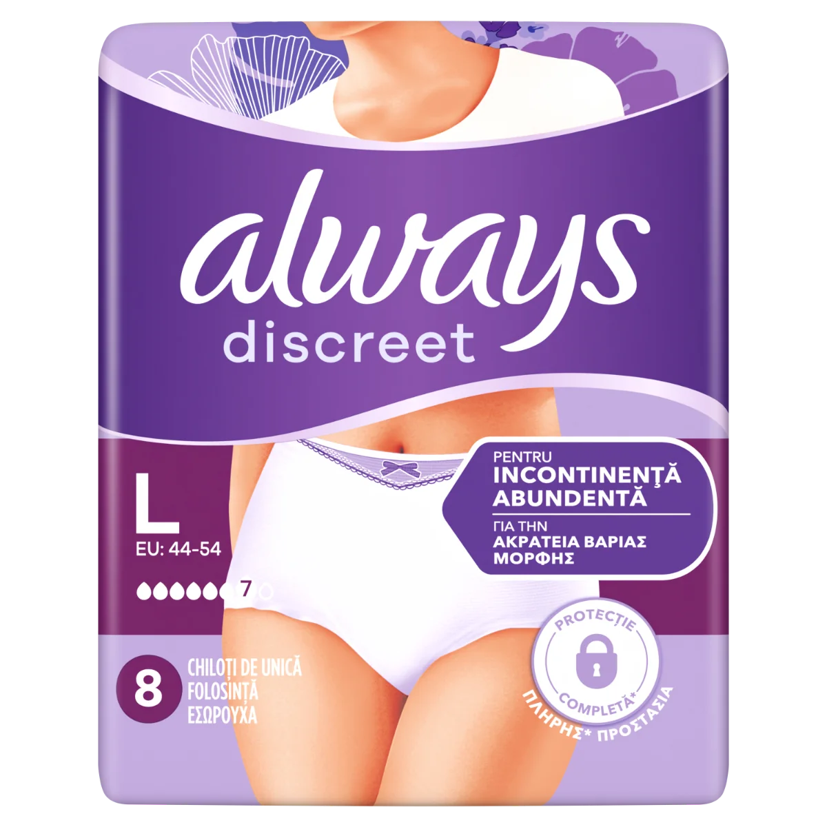 Chiloti pentru incontinenta urinara Discreet 7 picaturi L, 8 bucati, Always