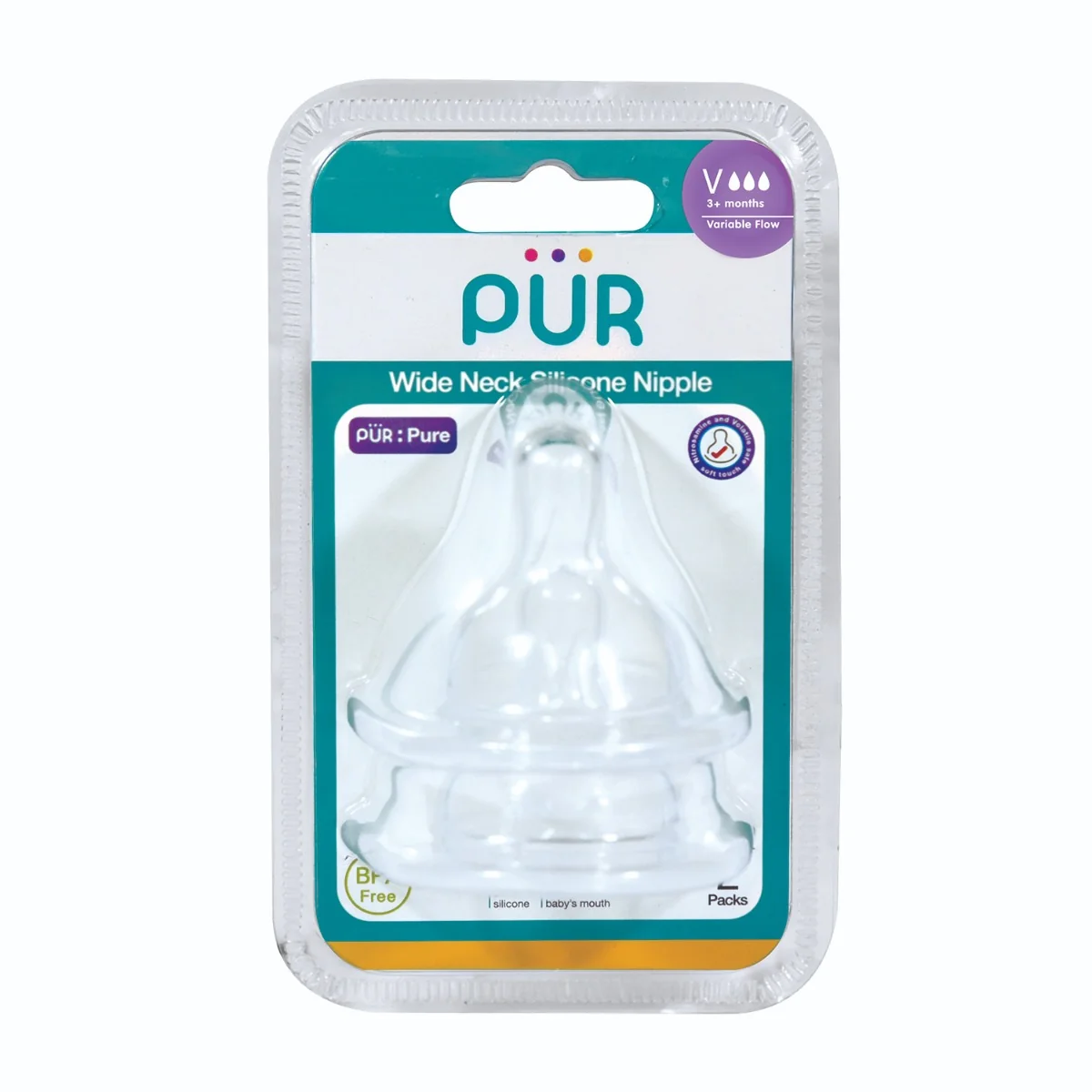 Set tetine silicon pentru biberon cu gura larga marime V +3 luni, 2 bucati, PUR