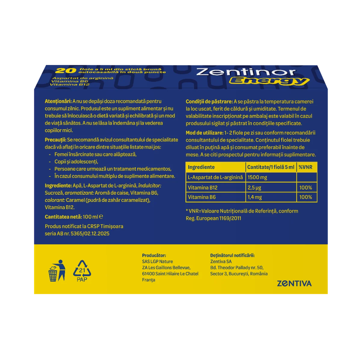 Zentinor Energy, 20 fiole buvabile, Zentiva 