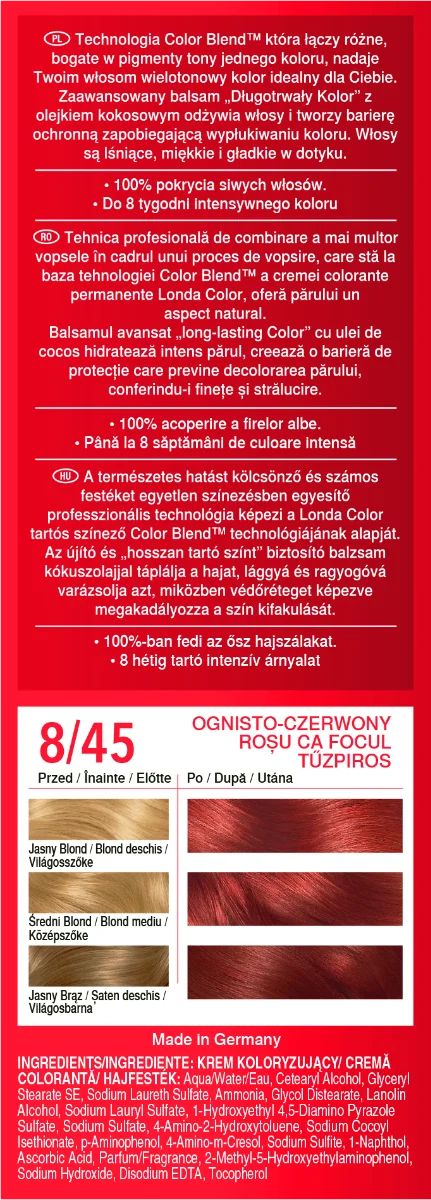 Vopsea de par permanenta 8/45 Firey Red, 110ml, Londa