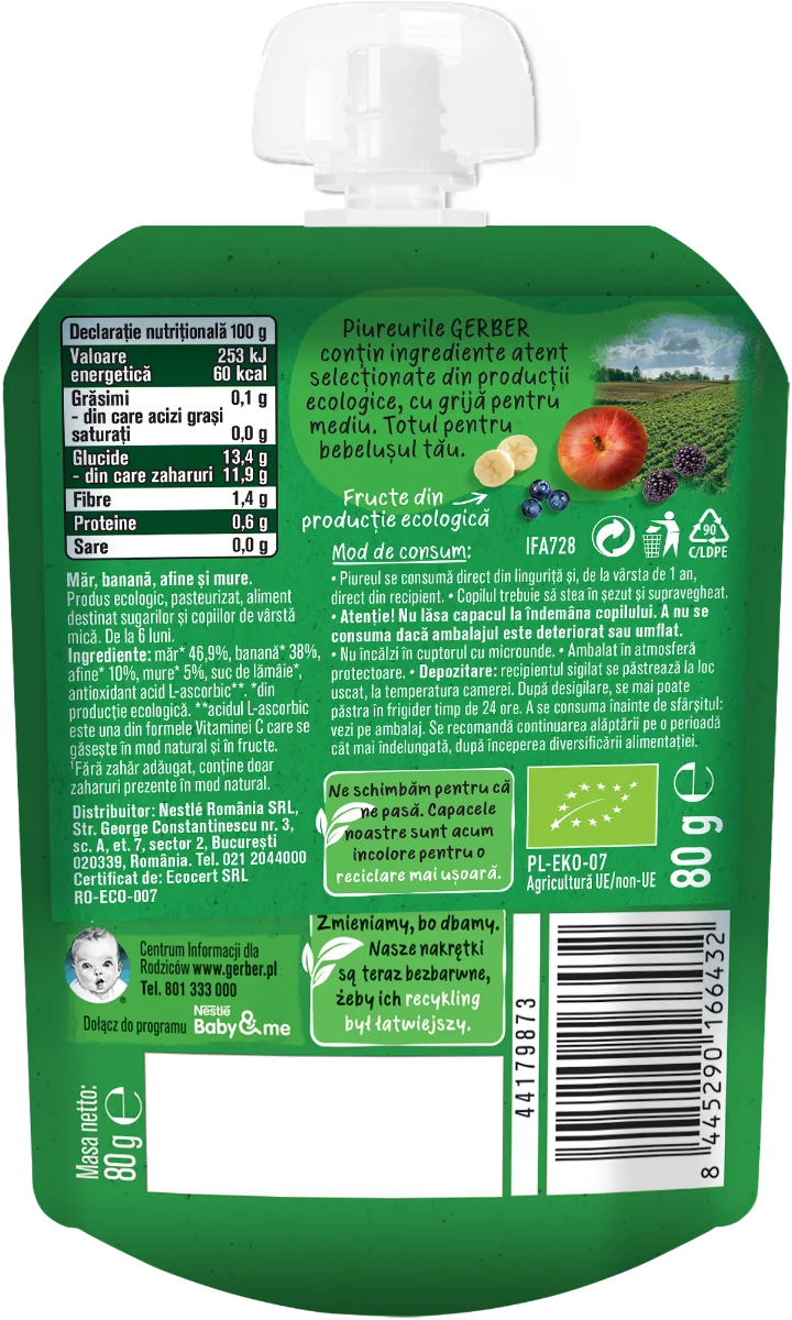 Pouch din mere & banane & afine si mure de la 6 luni, 80g, Gerber