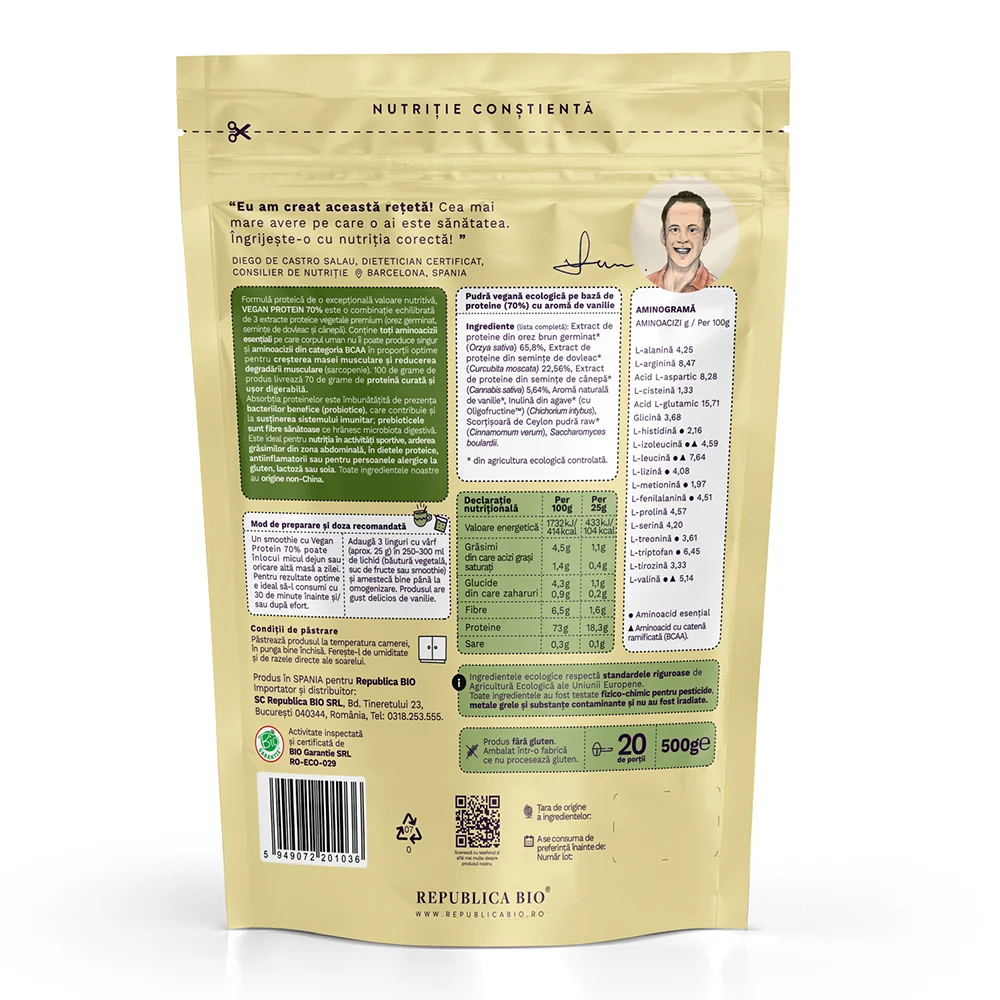 Vegan Protein 70% Probiotic & Prebiotic vanilie ecologica, 500g, Republica Bio