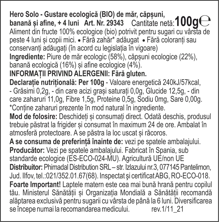 Gustare eco din mar, capsuni, banane si afine Solo pentru +4 luni, 100g, Hero Baby
