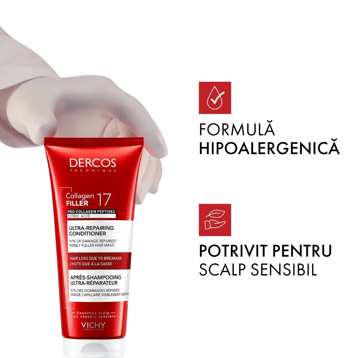 Balsam ultra-reparator cu peptide pro-colagen si acid citric Dercos Collagen 17 Filler, 200ml, Vichy