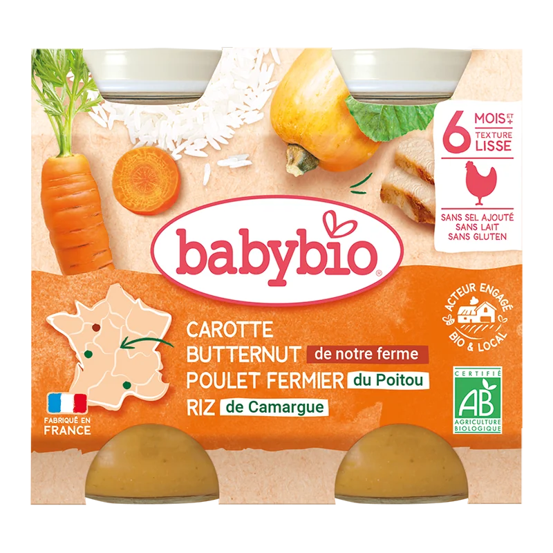Piure de morcovi, pui si orez Bio, 2 x 200g, BabyBio