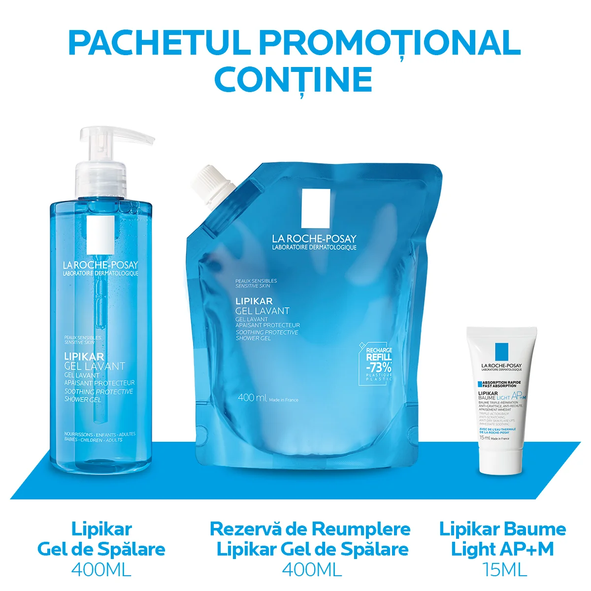 Pachet Gel de dus calmant Lipikar 400ml + Rezerva 400ml + Balsam Lipikar Baume Light AP+M 15ml, La Roche-Posay