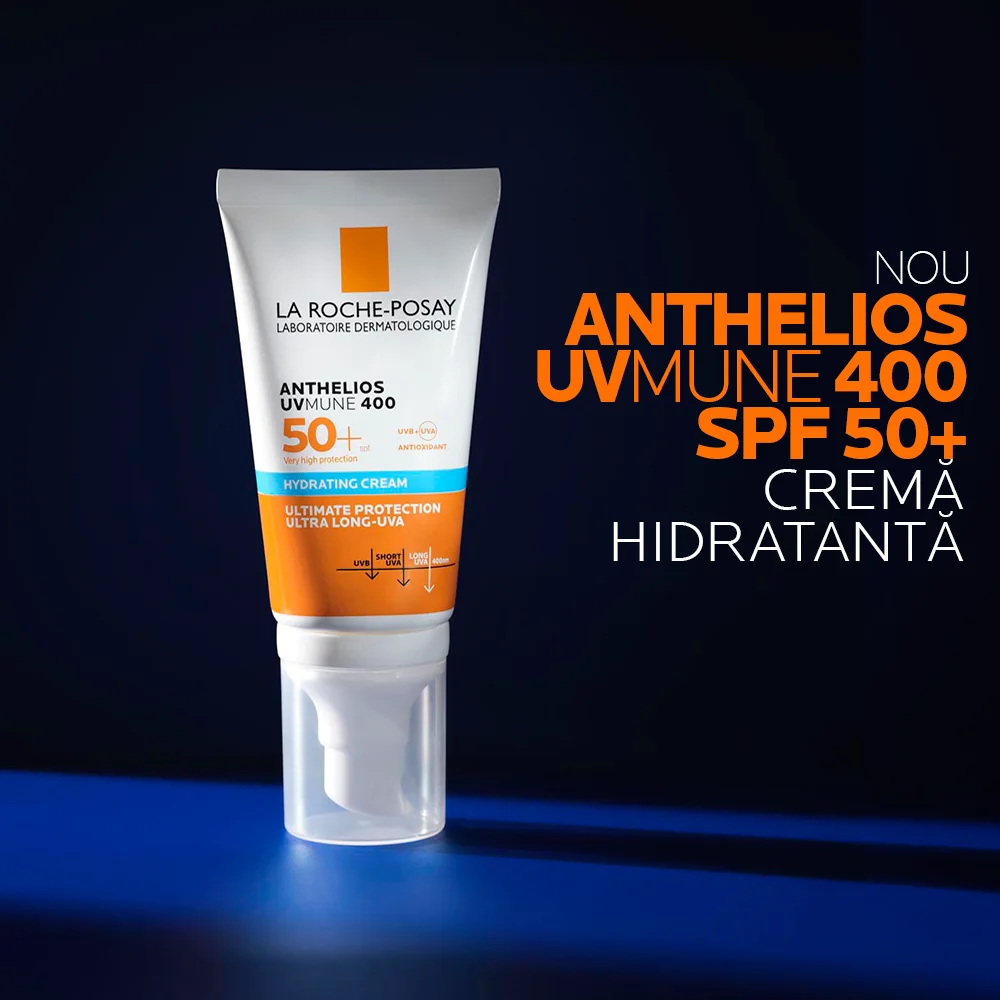 Crema hidratanta cu protectie solara SPF 50+ pentru ten sensibil sau intolerant la soare fara parfum Anthelios UV-Mune 400, 50ml, La Roche-Posay