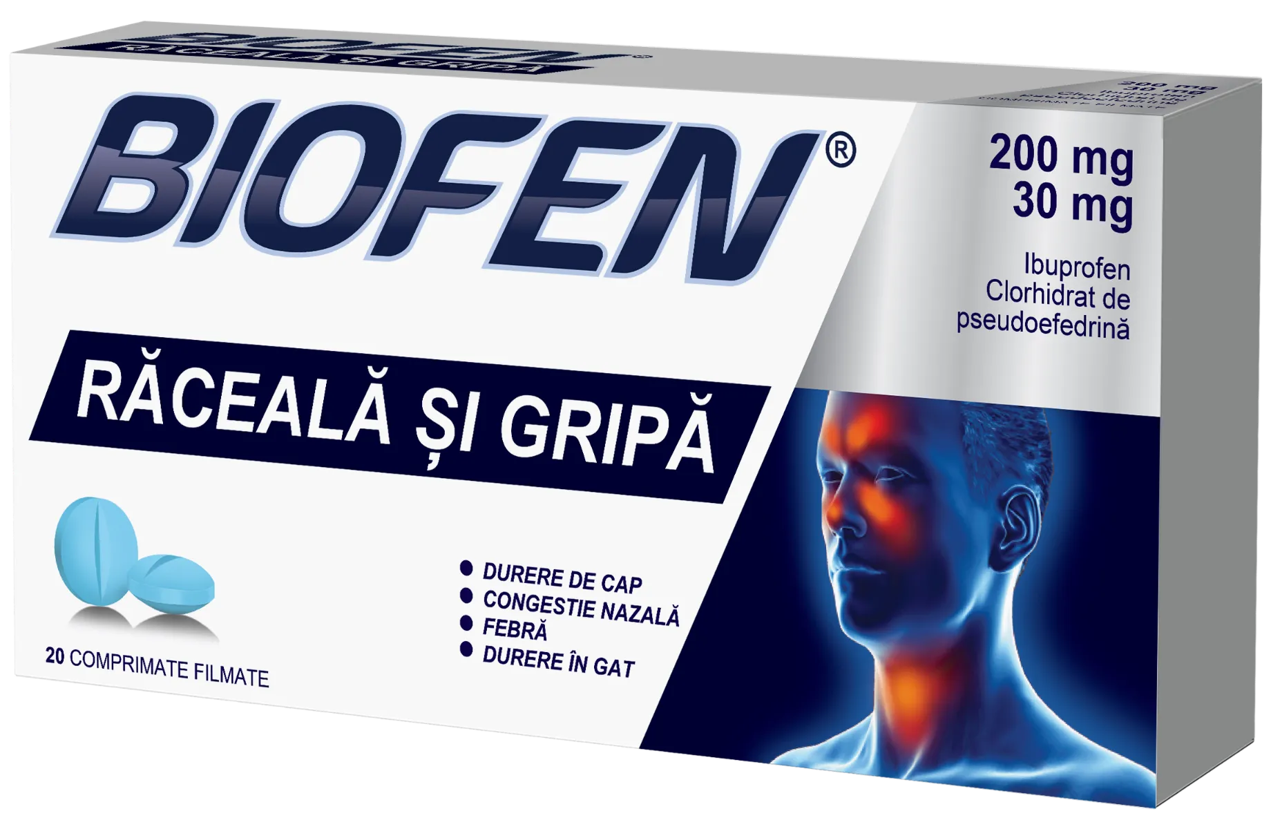 Biofen raceala si gripa 200 mg/30 mg, 20 comprimate filmate, Biofarm