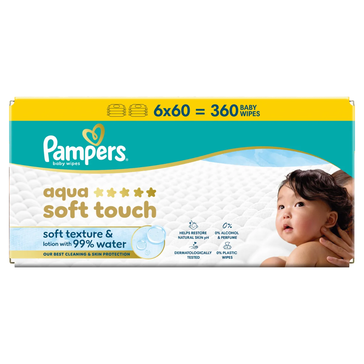 Servetele umede cu 99% apa si lotiune usoara Aqua Soft Touch, 360 bucati, Pampers 
