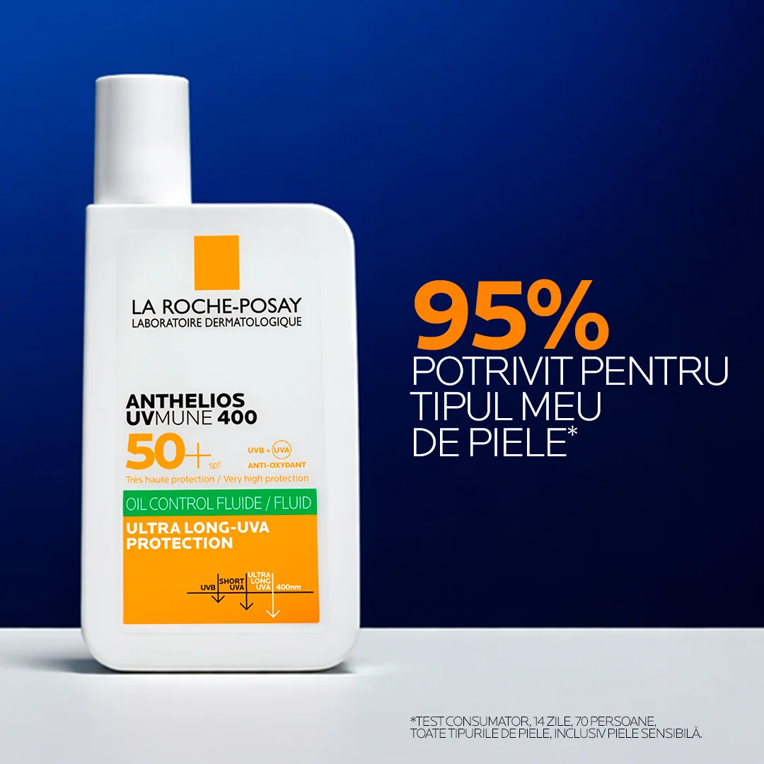 Fluid oil control cu protectie solara SPF 50+ textura ultra-fluida pentru ten mixt-gras Anthelios UV-Mune 400, 50ml, La Roche-Posay